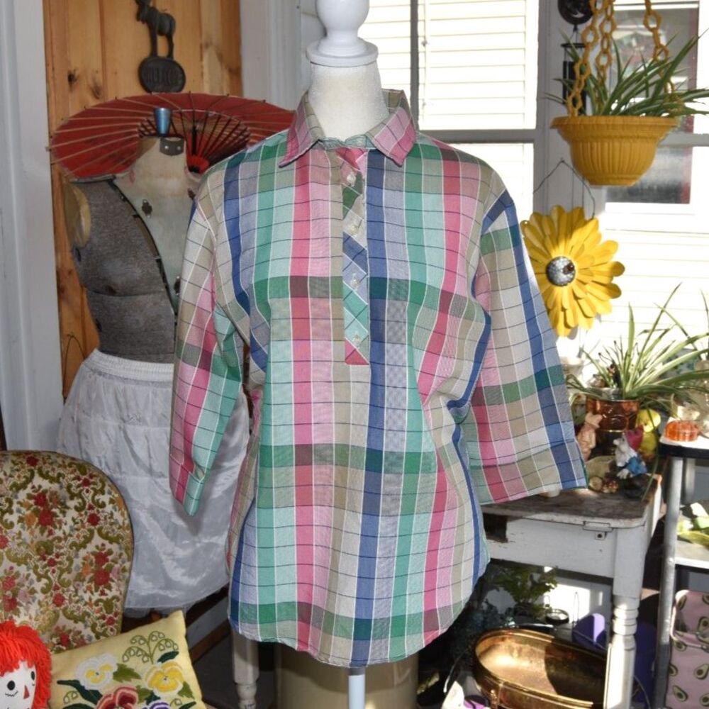 Vintage 1970s Cape Cod Match Mates Plaid Tunic Blouse Shirt USA Size 12